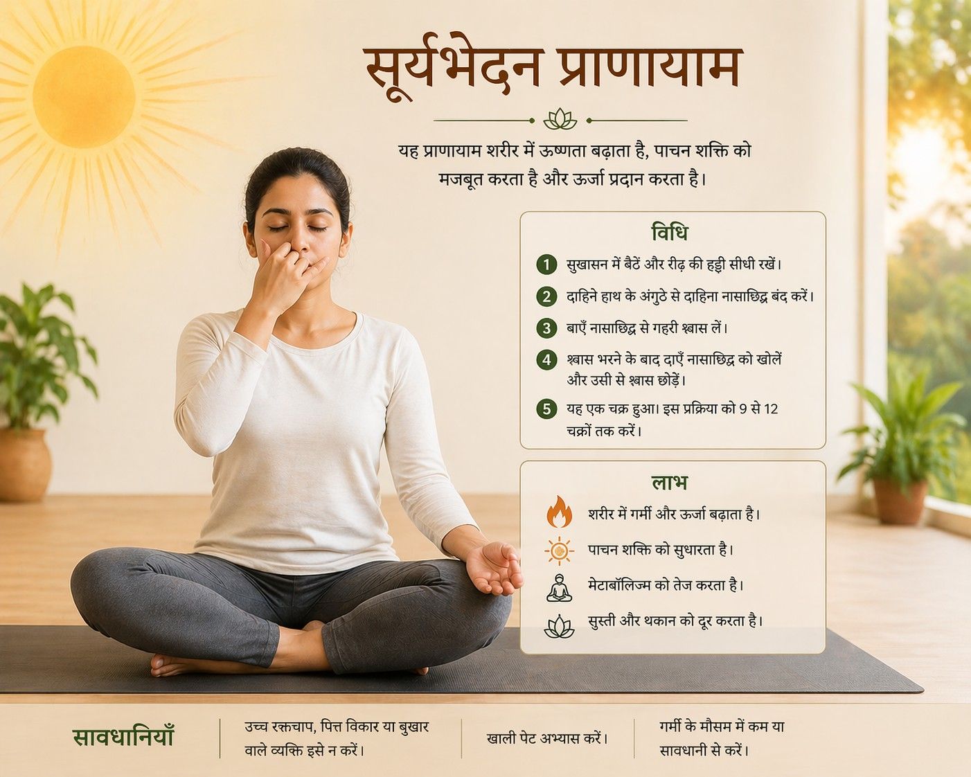 सूर्यभेदन प्राणायाम की सावधानियां, लाभ एवं विधि इन हिंदी