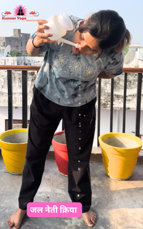 Practicing Jal Neti Kriya with neti pot in yoga class at Kunwar Yoga Dehradun